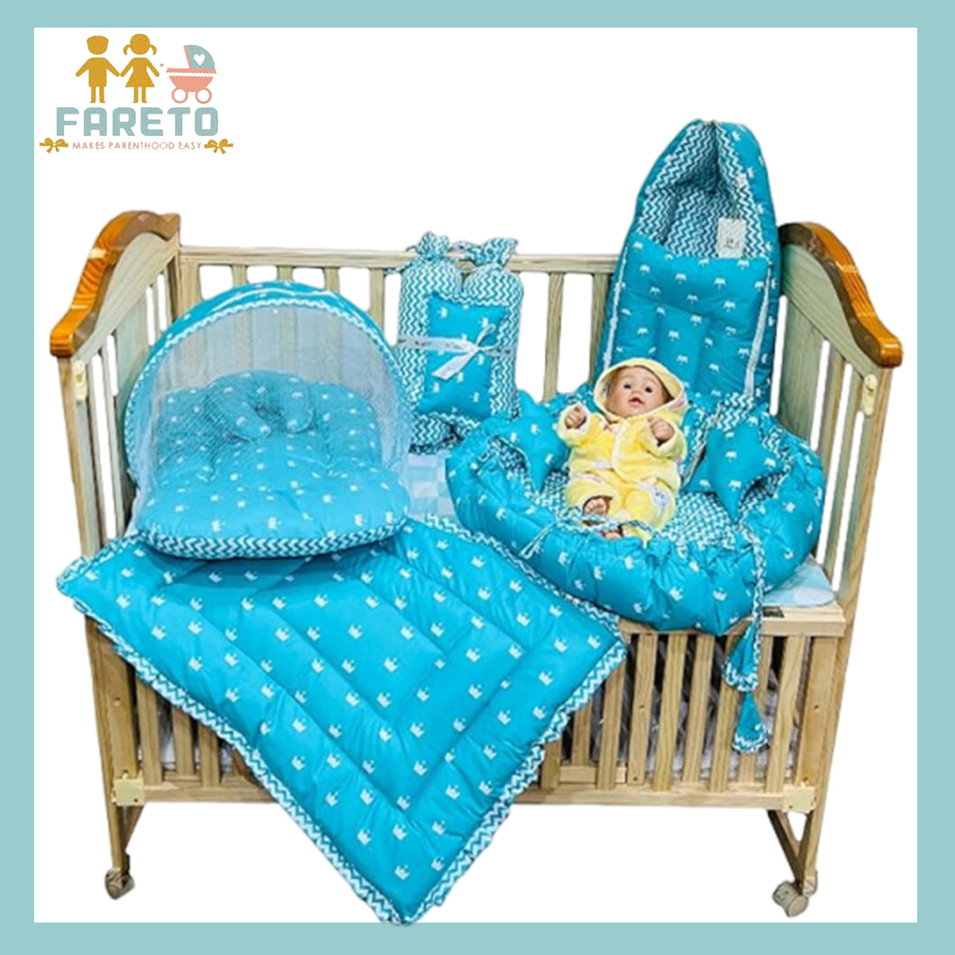 Fareto New Born Baby Full Bedding Set Combo (Crown Blue) (0-6 Months)