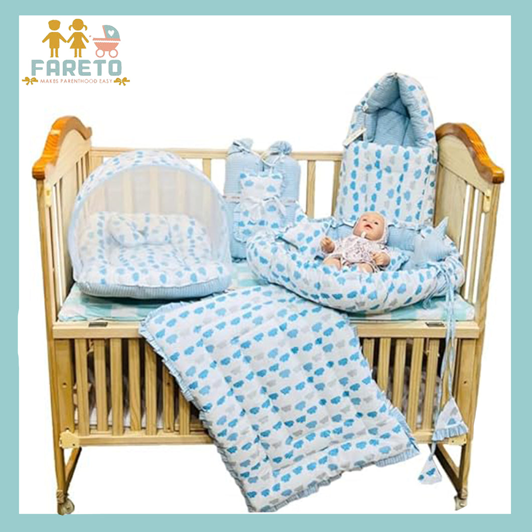 Fareto Complete Bedding Set essentials Combo For Baby (0-6 Months)(Cloud Line Blue)