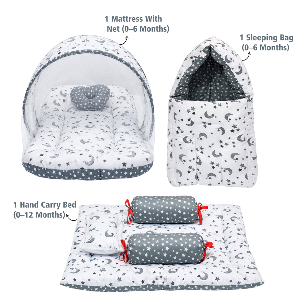 Fareto Combo of Baby Bed with Net | Carry Bag | 4 Pcs Bedding Set (0-6 Months)(F161)