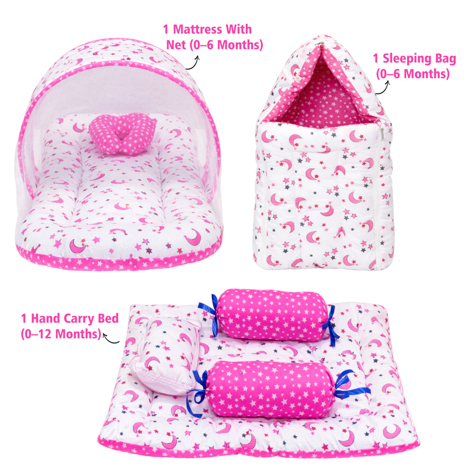 Fareto Combo of Baby Bed with Net | Carry Bag | 4 Pcs Bedding Set (0-6 Months)(F161)