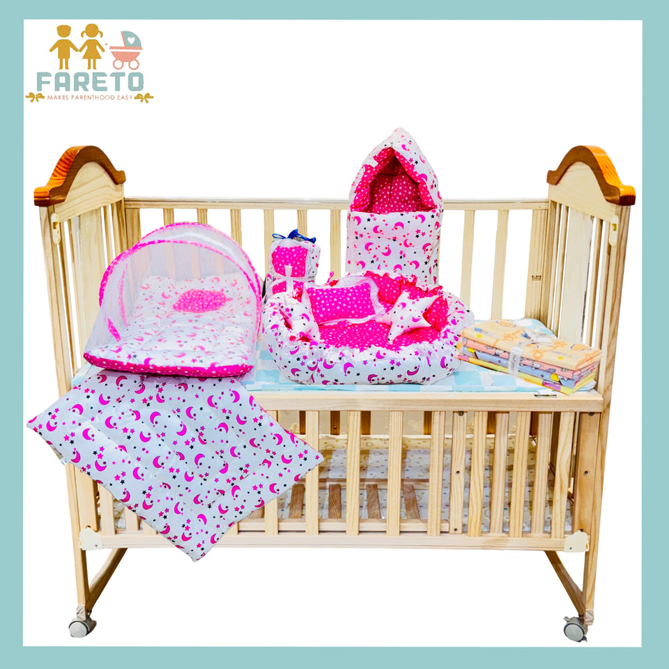 Fareto New Born Baby Bedding | Bed | Sleeping Bag | Essential (0-6 Months) (Pack of 15)