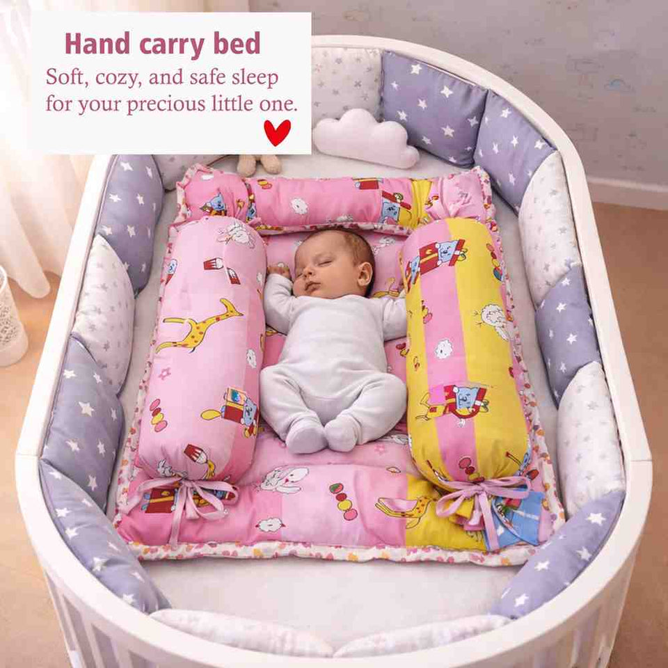FARETO BABY BEDDING ESSENTIALS 1 NEST | 1 MATTRESS WITH NET | 1 CARRY BED | 1 BOLSTER SET | 1 CARRY BAG | 1 PORTABLE BED | 1 FEEDING PILLOW | 1 BLANKET (0-6M)(Pink Giraffe)(F628)