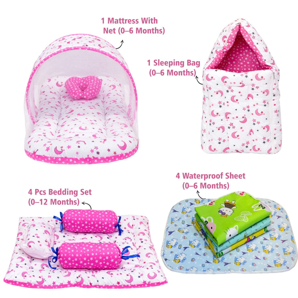 Fareto New Born Baby Bedding | Bed | Sleeping Bag | Essential (0-6 Months) (Pack of 15)(F50)