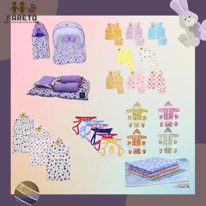 Fareto New Born Baby Complete Daily Items | Combo Pack | Gift Set | Gift Pack(0-6 Months)(pack of 56)