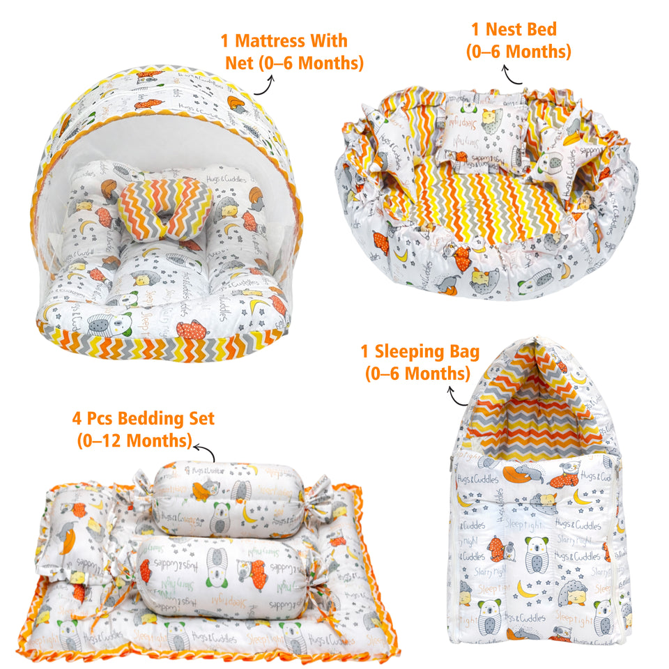FARETO COMPLETE BEDDING SET ESSENTIALS COMBO FOR BABY (0-6 MONTHS)(GOOD NIGHT ORANGE)(F383)