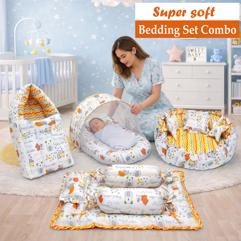 FARETO COMPLETE BEDDING SET ESSENTIALS COMBO FOR BABY (0-6 MONTHS)(GOOD NIGHT ORANGE)(F383)