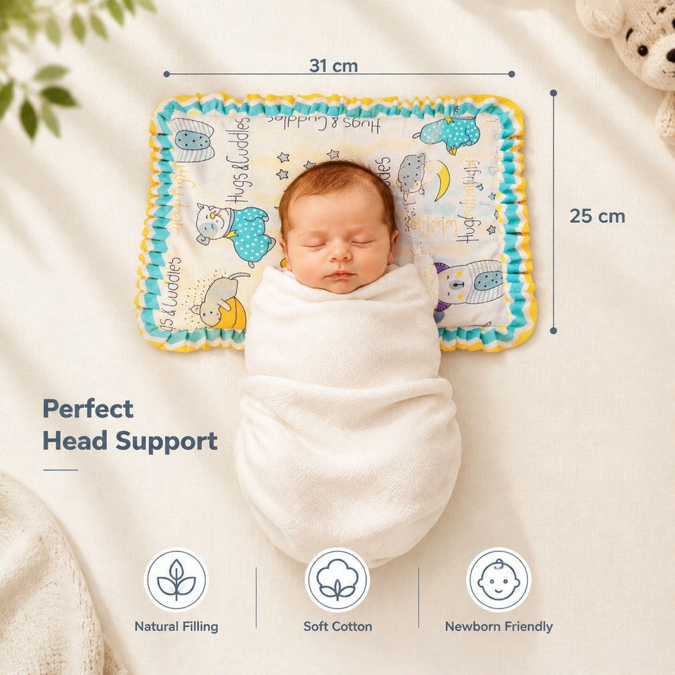 Fareto new born baby super soft cover mustard filling pillow for round head(0-1 YEAR)(F420)
