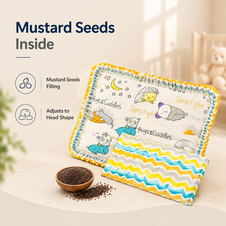 Fareto new born baby super soft cover mustard filling pillow for round head(0-1 YEAR)(F420)