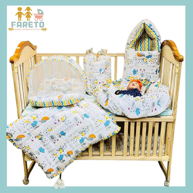 FARETO COMPLETE BEDDING SET ESSENTIALS COMBO FOR BABY (0-6 MONTHS)(GOOD NIGHT BLUE)