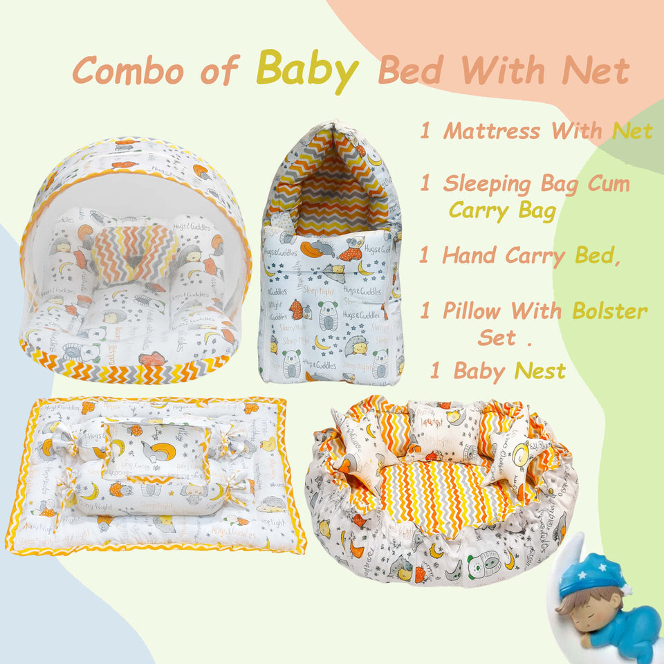 FARETO COMPLETE BEDDING SET ESSENTIALS COMBO FOR BABY (0-6 MONTHS)(GOOD NIGHT ORANGE)