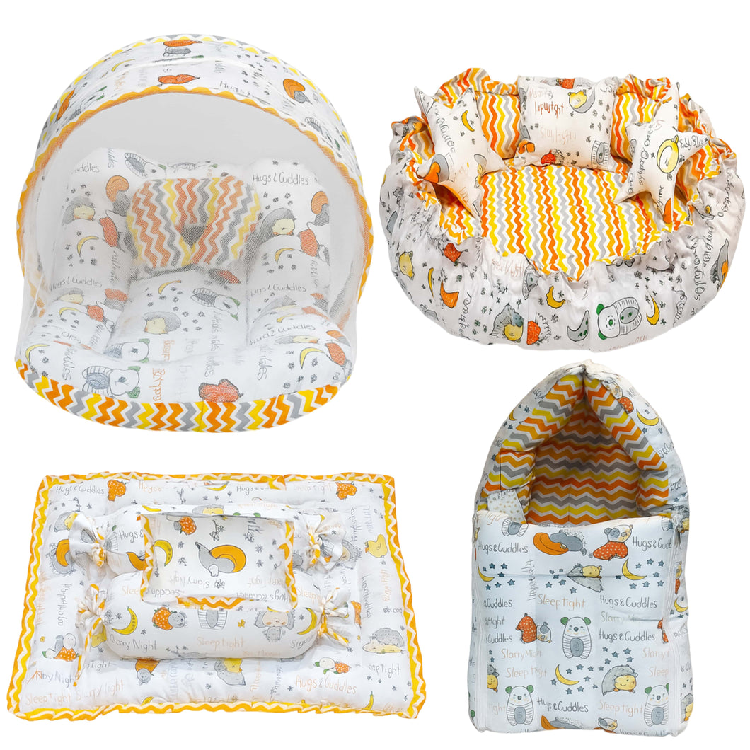 FARETO COMPLETE BEDDING SET ESSENTIALS COMBO FOR BABY (0-6 MONTHS)(GOOD NIGHT ORANGE)