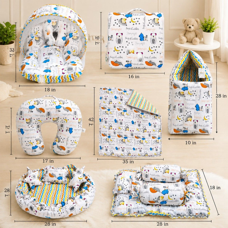 FARETO BABY BEDDING ESSENTIALS 1 NEST | 1 MATTRESS WITH NET | 1 CARRY BED | 1 BOLSTER SET | 1 CARRY BAG | 1 PORTABLE BED | 1 FEEDING PILLOW | 1 BLANKET (0-6M)(GOOD NIGHT BLUE)(F385)