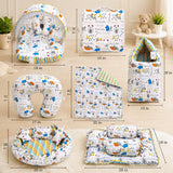 FARETO BABY BEDDING ESSENTIALS 1 NEST | 1 MATTRESS WITH NET | 1 CARRY BED | 1 BOLSTER SET | 1 CARRY BAG | 1 PORTABLE BED | 1 FEEDING PILLOW | 1 BLANKET (0-6M)(GOOD NIGHT BLUE)(F385)