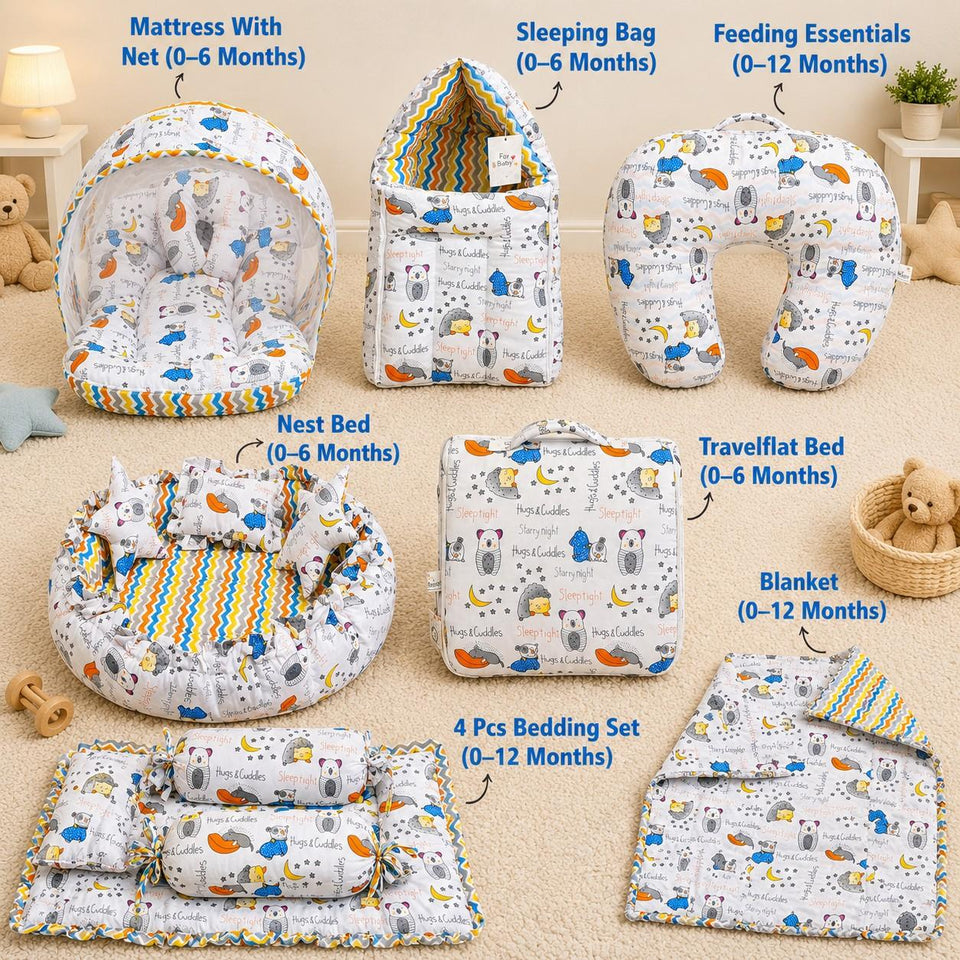 FARETO BABY BEDDING ESSENTIALS 1 NEST | 1 MATTRESS WITH NET | 1 CARRY BED | 1 BOLSTER SET | 1 CARRY BAG | 1 PORTABLE BED | 1 FEEDING PILLOW | 1 BLANKET (0-6M)(GOOD NIGHT BLUE)(F385)