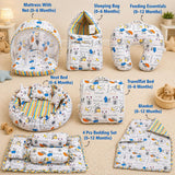 FARETO BABY BEDDING ESSENTIALS 1 NEST | 1 MATTRESS WITH NET | 1 CARRY BED | 1 BOLSTER SET | 1 CARRY BAG | 1 PORTABLE BED | 1 FEEDING PILLOW | 1 BLANKET (0-6M)(GOOD NIGHT BLUE)(F385)