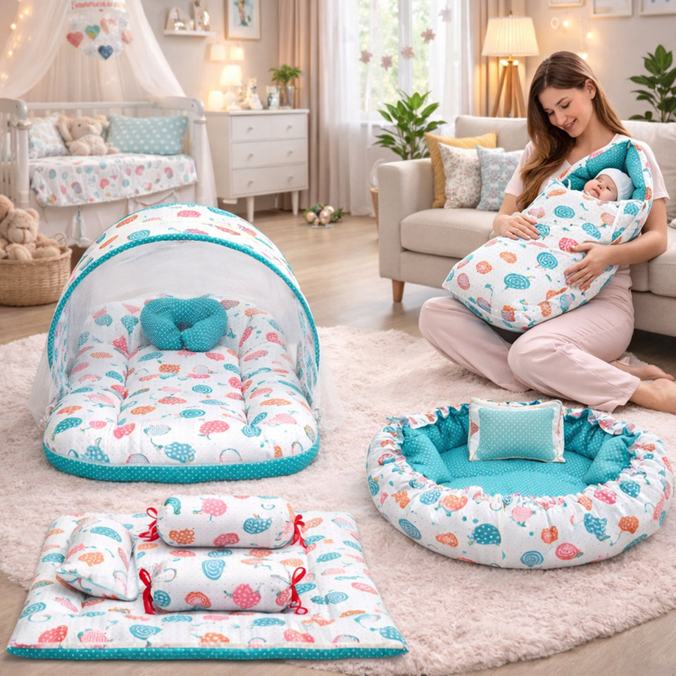 FARETO COMPLETE BEDDING SET ESSENTIALS COMBO FOR BABY (0-6 MONTHS)(PISTA GREEN SPIRAL)(F321)