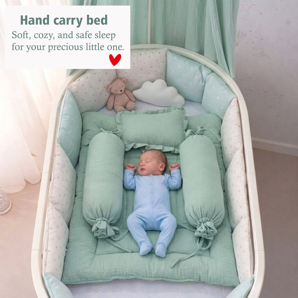 Fareto Newborn Baby 100% Muslin Cotton Bedding Set Combo | Sleeping Bag | Mattress with Net | Nest  | Blanket | Hand Carry Bed & Bolster Set |  (0-6 Months)(F735)