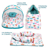 FARETO COMBO OF BABY MATTRESS WITH NET | SLEEPING BAG | 4 PCS BEDDING SET(0-6 MONTHS)(PISTA GREEN SPIRAL)(F324)