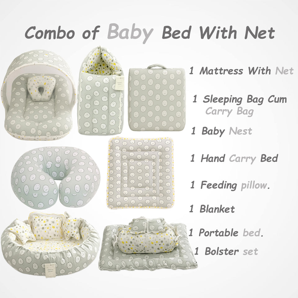 Fareto Baby bedding Essentials 1 Nest | 1 Mattress with net | 1 Carry bed | 1 Bolster set | 1 Carry bag | 1 Portable bed | 1 Feeding pillow | 1 Blanket (0-6M)