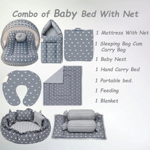 Fareto Baby bedding Essentials 1 Nest | 1 Mattress with net | 1 Carry bed | 1 Bolster set | 1 Carry bag | 1 Portable bed | 1 Feeding pillow | 1 Blanket (0-6M)