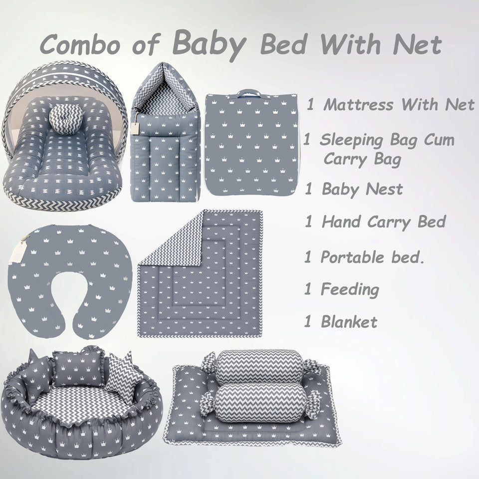 Fareto Baby bedding Essentials 1 Nest | 1 Mattress with net | 1 Carry bed | 1 Bolster set | 1 Carry bag | 1 Portable bed | 1 Feeding pillow | 1 Blanket (0-6M)