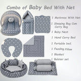 Fareto Baby bedding Essentials 1 Nest | 1 Mattress with net | 1 Carry bed | 1 Bolster set | 1 Carry bag | 1 Portable bed | 1 Feeding pillow | 1 Blanket (0-6M)