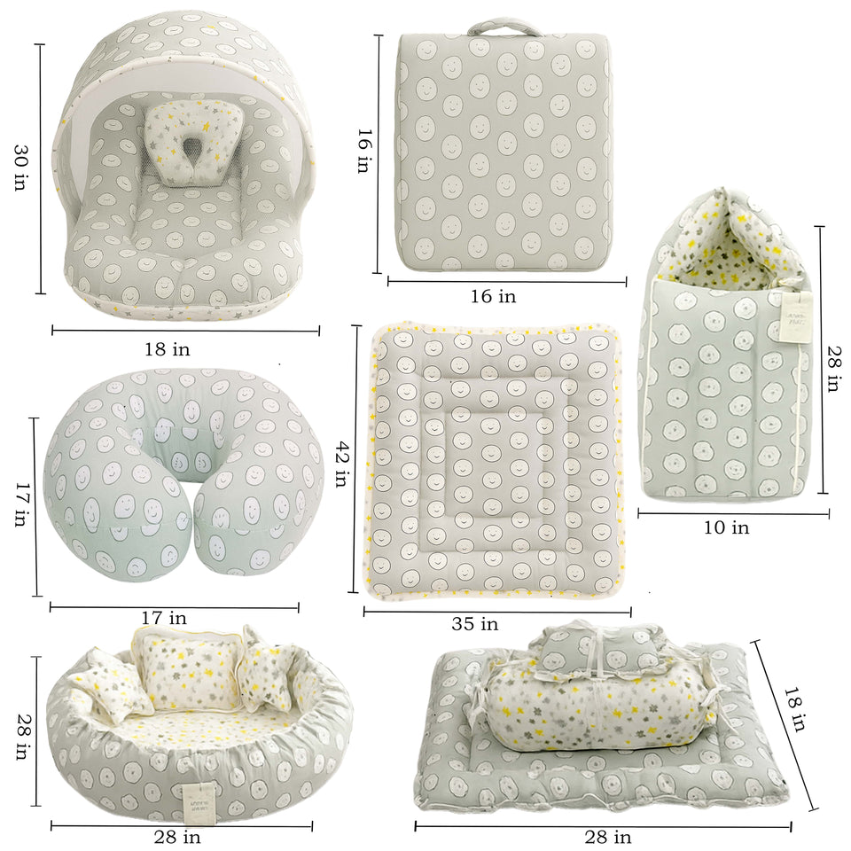 Fareto Baby bedding Essentials 1 Nest | 1 Mattress with net | 1 Carry bed | 1 Bolster set | 1 Carry bag | 1 Portable bed | 1 Feeding pillow | 1 Blanket (0-6M)