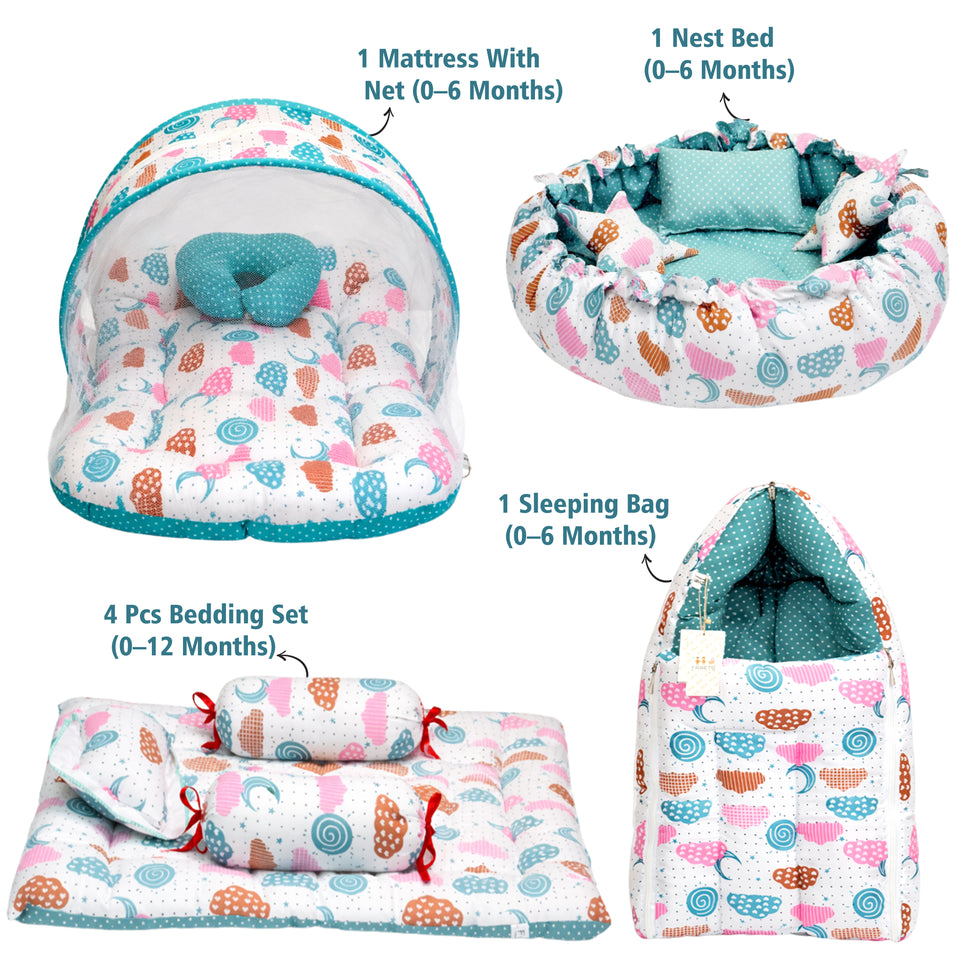 FARETO COMPLETE BEDDING SET ESSENTIALS COMBO FOR BABY (0-6 MONTHS)(PISTA GREEN SPIRAL)(F321)