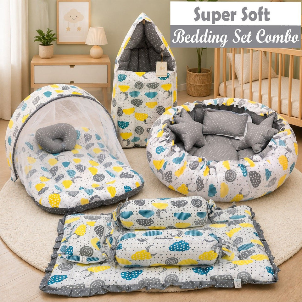 FARETO NEW BORN BABY FULL BEDDING SET COMBO (0-6 MONTHS)(GREY_SPRIAL)(F442)
