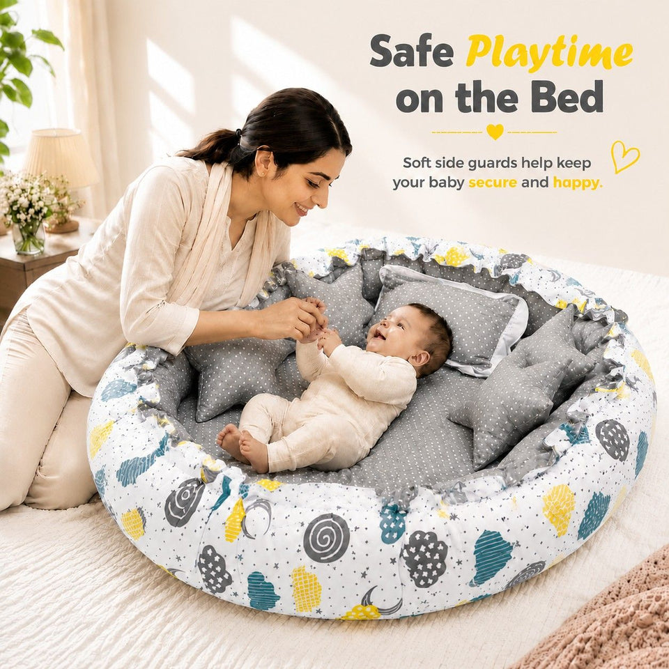FARETO NEW BORN BABY FULL BEDDING SET COMBO (0-6 MONTHS)(GREY_SPRIAL)(F442)