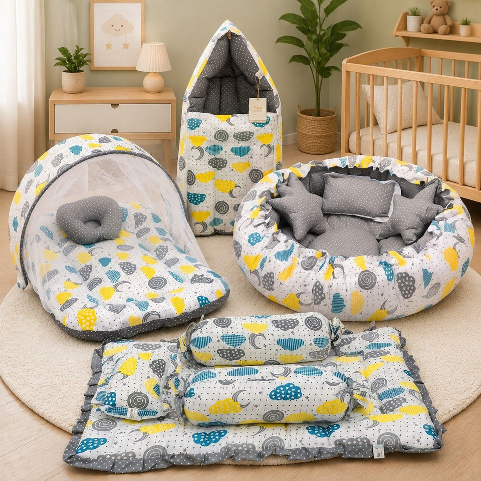 FARETO NEW BORN BABY FULL BEDDING SET COMBO (0-6 MONTHS)(GREY_SPRIAL)(F442)