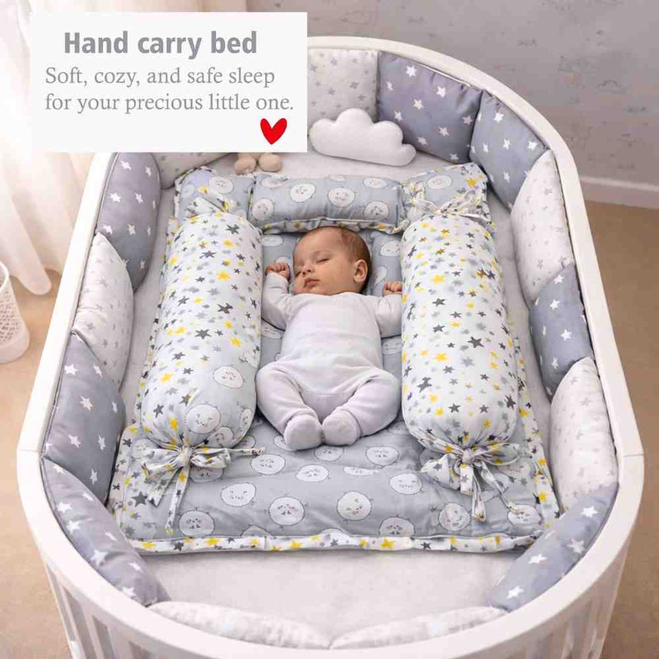 Fareto Baby bedding Essentials 1 Nest | 1 Mattress with net | 1 Carry bed | 1 Bolster set | 1 Carry bag | 1 Portable bed | 1 Feeding pillow | 1 Blanket (0-6M)(F514)