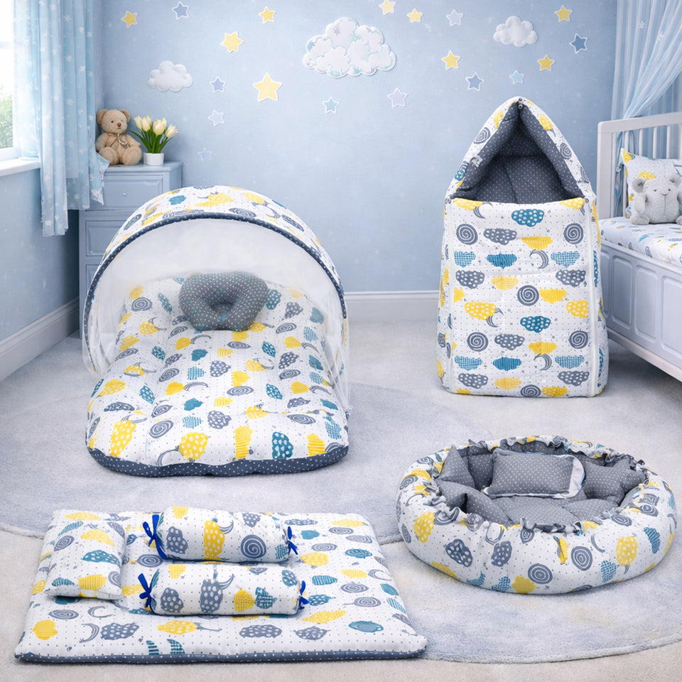 FARETO COMPLETE BEDDING SET ESSENTIALS COMBO FOR BABY (0-6 MONTHS)(GREY SPIRAL)(F319)