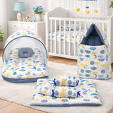 FARETO COMBO OF BABY MATTRESS WITH NET | SLEEPING BAG | 4 PCS BEDDING SET(0-6 MONTHS) (GREY SPIRAL)(F322)