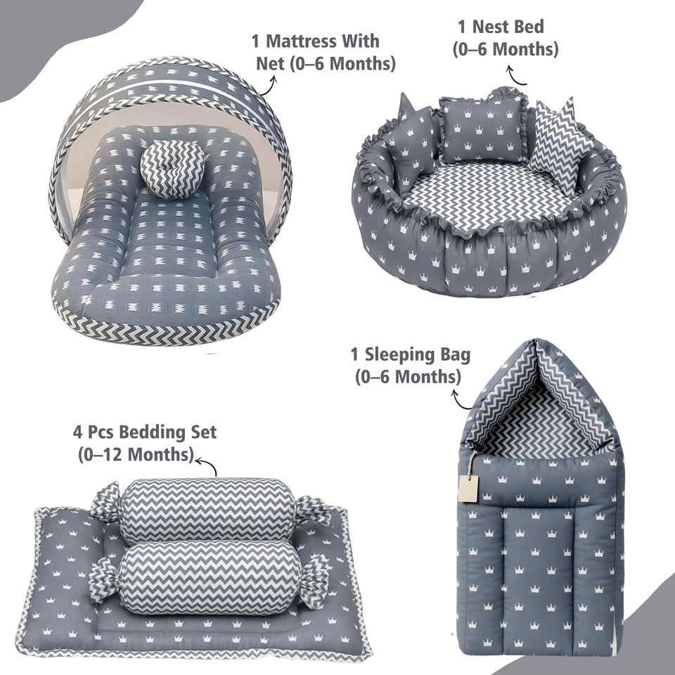 Fareto New Born Baby Full Bedding Set Combo (Crown Grey) (0-6 Months)(F98)
