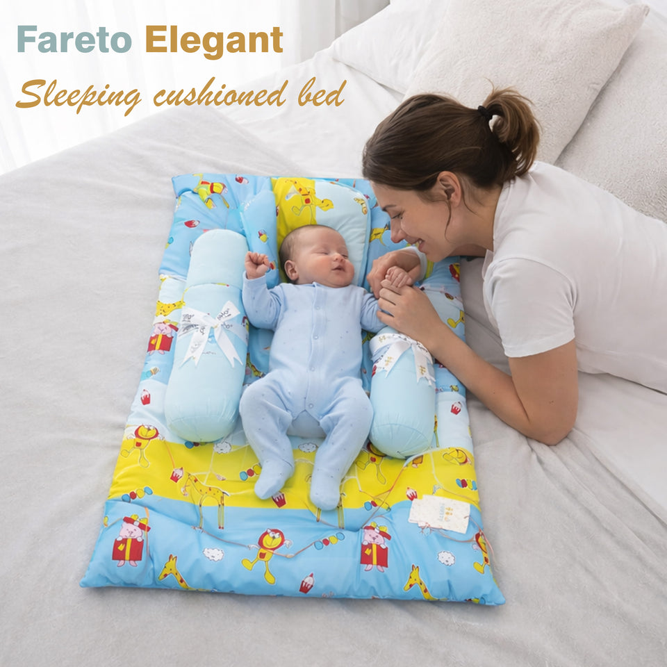 Fareto Elegant Sleeping Cushioned Baby Bed | Soft Cotton Newborn Lounger with Support Pillows | Breathable Portable Infant Nest (0–12 Months)(F717)