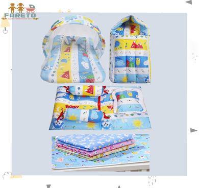 Fareto New Born Baby Combo of Mattress with Net | Sleeping Bag | 4 Pcs Bedding Set | 4 Sheets(0-6 Months)