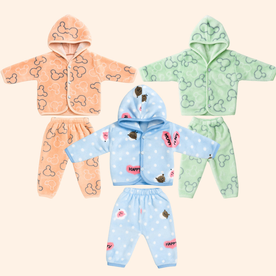 Fareto New Born Baby Winter Wear Hooded Shirt & Pyjama Set – Pack of 3 | 0-3 Months | Soft & Warm | Unisex (Colors May Vary)(F600)