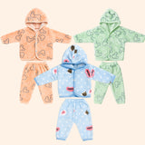 Fareto New Born Baby Winter Wear Hooded Shirt & Pyjama Set – Pack of 3 | 0-3 Months | Soft & Warm | Unisex (Colors May Vary)(F600)