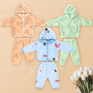 Fareto New Born Baby Winter Wear Hooded Shirt & Pyjama Set – Pack of 3 | 0-3 Months | Soft & Warm | Unisex (Colors May Vary)(F600)