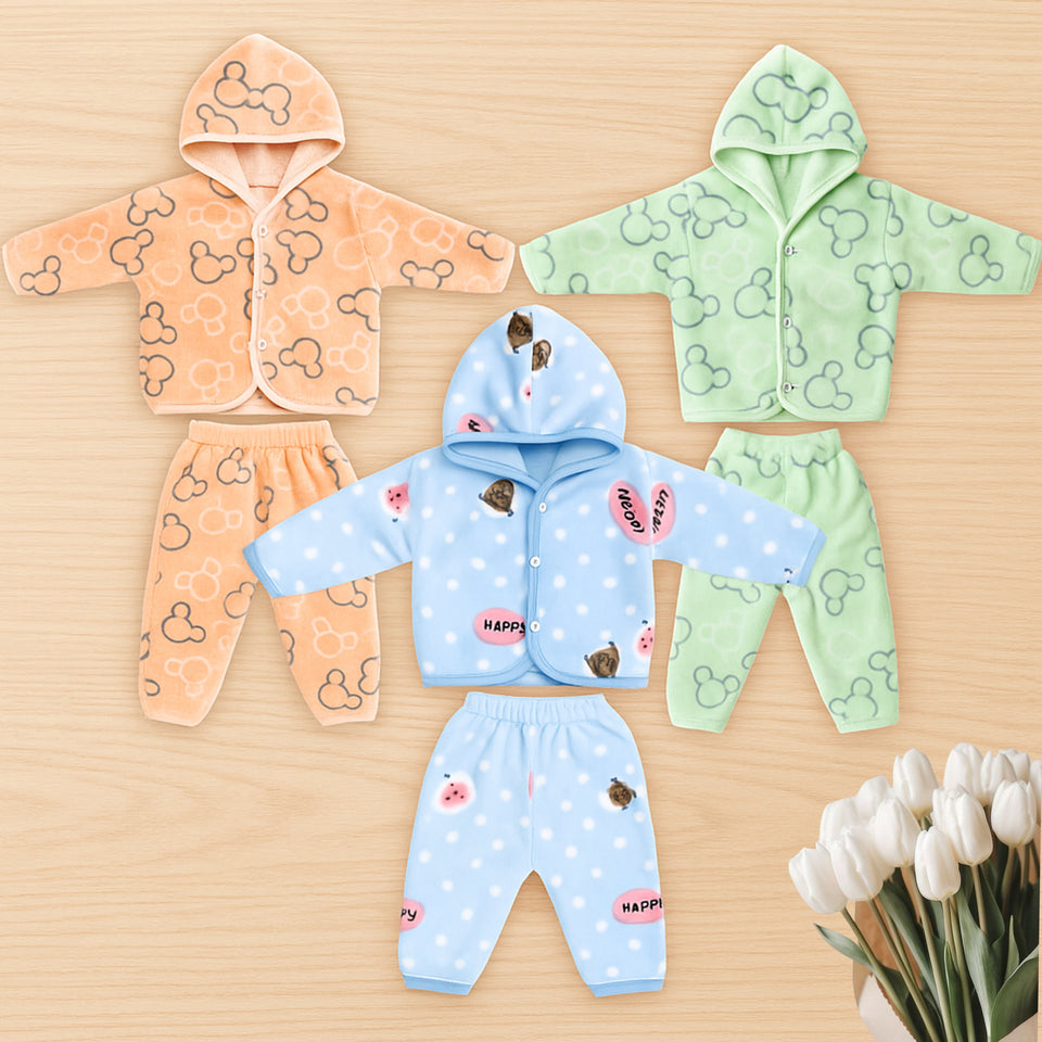 Fareto New Born Baby Winter Wear Hooded Shirt & Pyjama Set – Pack of 3 | 0-3 Months | Soft & Warm | Unisex (Colors May Vary)(F600)