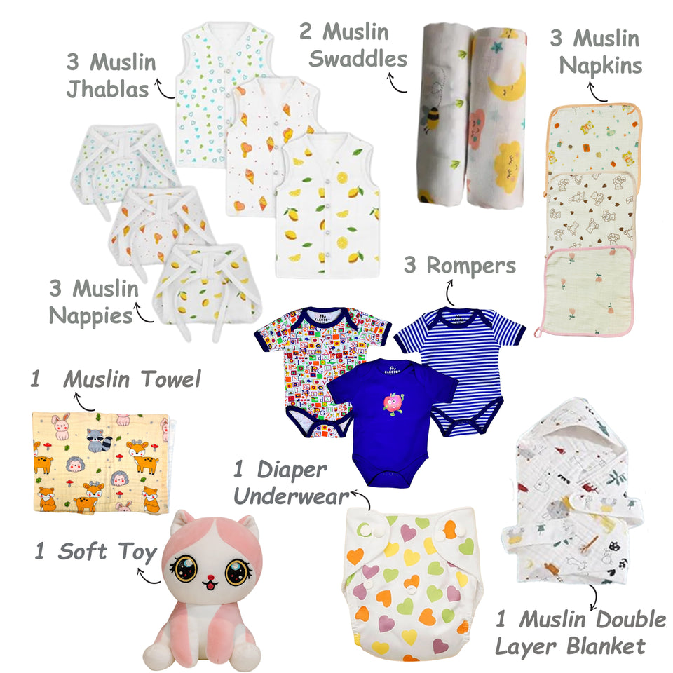 Fareto New Born Baby Organic Muslin Cotton Combo Set 28 In 1 (0-6 Months)Baby Bedding & Clothing Combo Set For Muslin(F753)