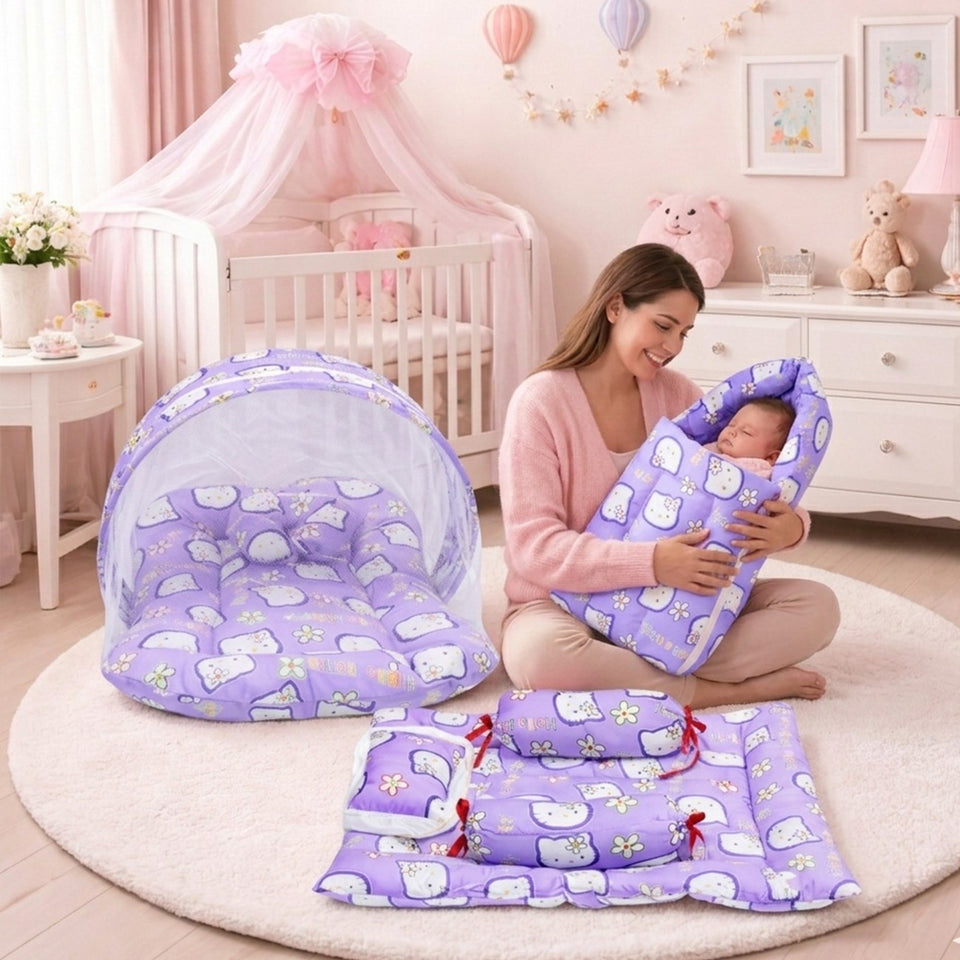 Fareto Combo of Baby Mattress with Net | Sleeping Bag | 4 Pcs Bedding Set(0-6 Months)(F159)