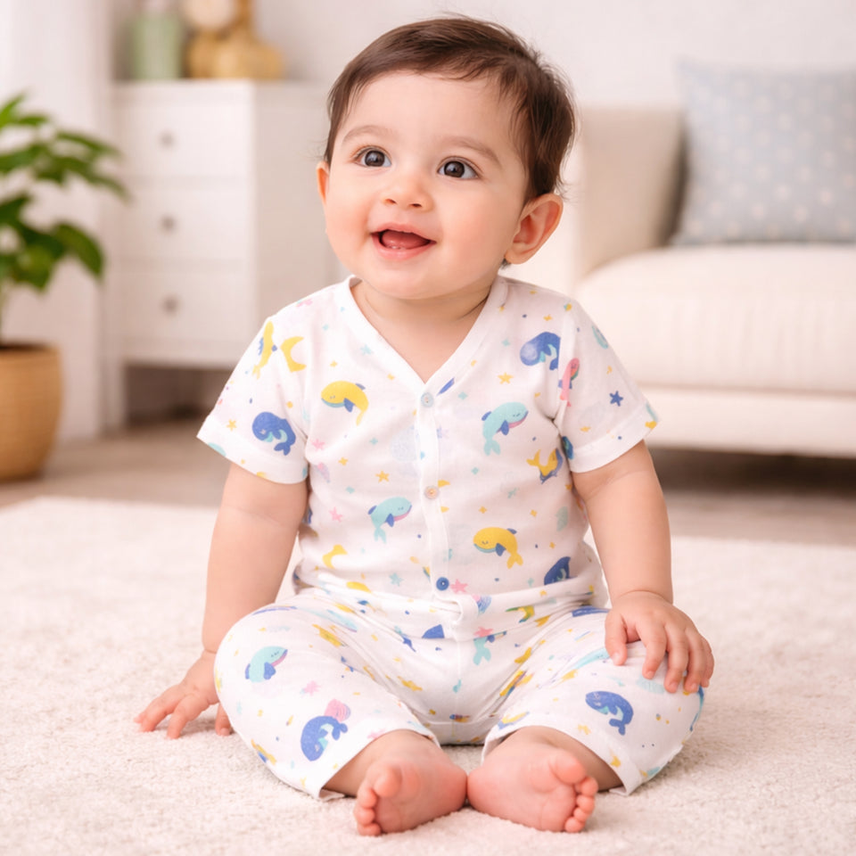 Fareto Baby Muslin Cotton Daily Wear Suit Set | Soft & Breathable Shirt + Pajama (Pack of 1) | 0-6 Months / Infant Boys & Girls(F737)