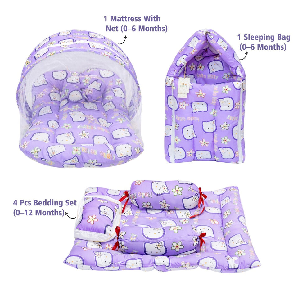 Fareto Combo of Baby Mattress with Net | Sleeping Bag | 4 Pcs Bedding Set(0-6 Months)(F159)