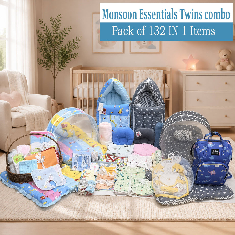 Fareto New Born Baby Twins Monsoon Season Essential Combo | 132 In 1 Items Gift Pack | Baby Bedding Set & Maternity Essentials (0–6 Months) | F754