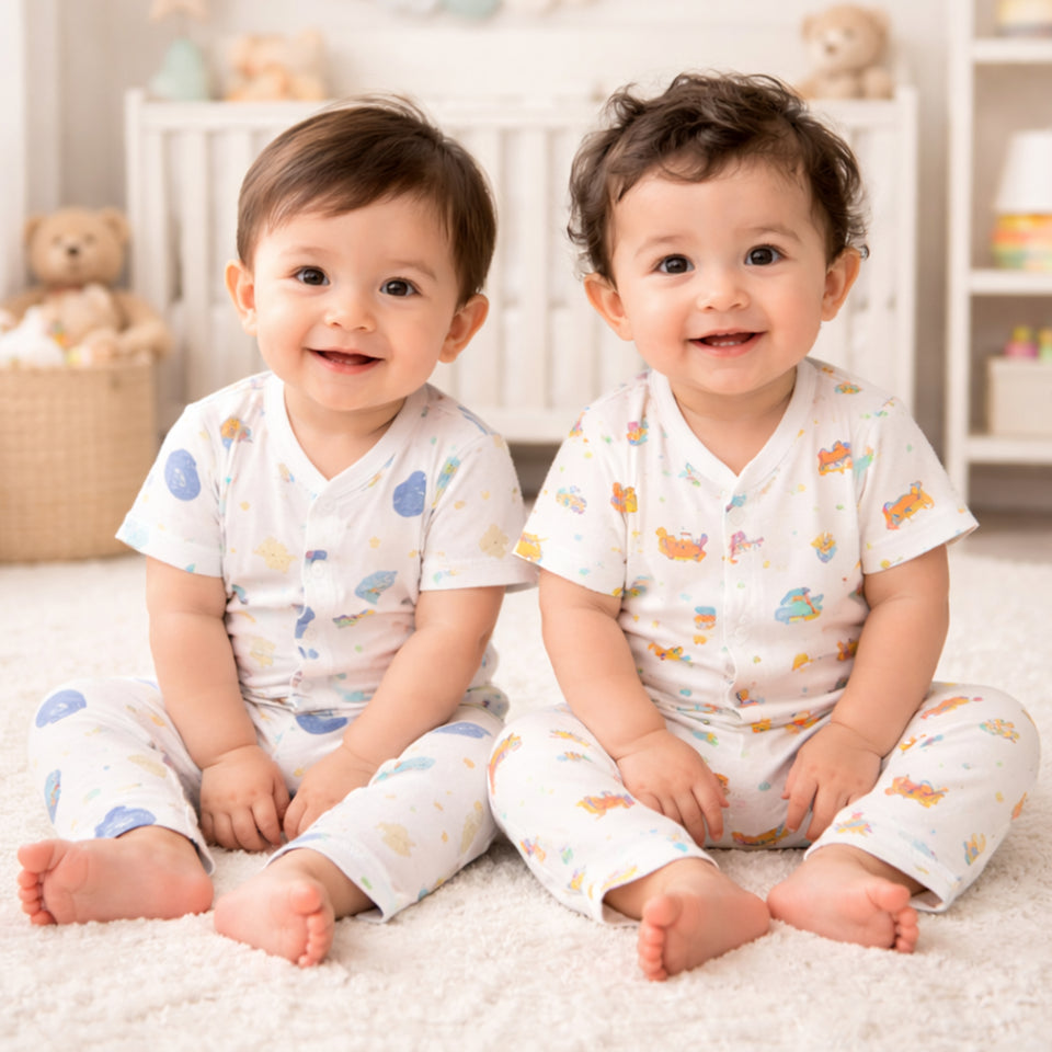 Fareto Baby Muslin Cotton Daily Wear Suit Set | Soft & Breathable Shirt + Pajama (Pack of 2) | 0-6 Months / Infant Boys & Girls(F615)