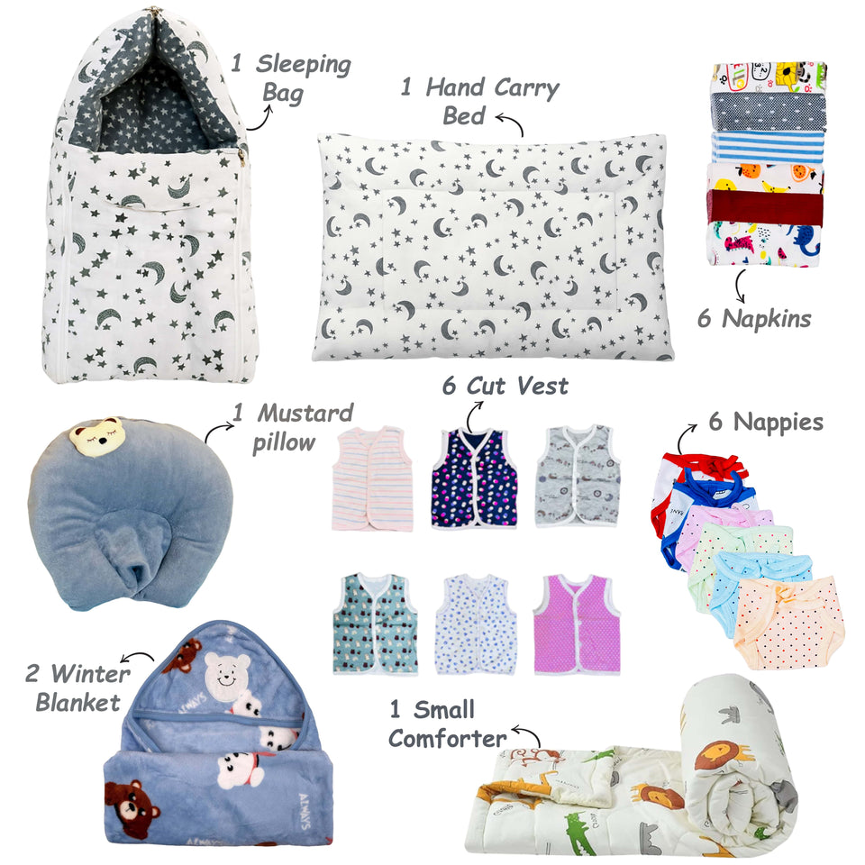 FARETO NEW BORN BABY WINTER ESSENTIALS 60 IN 1 NEW COMBO (0-6 MONTHS)(GREY MOON )(F227)