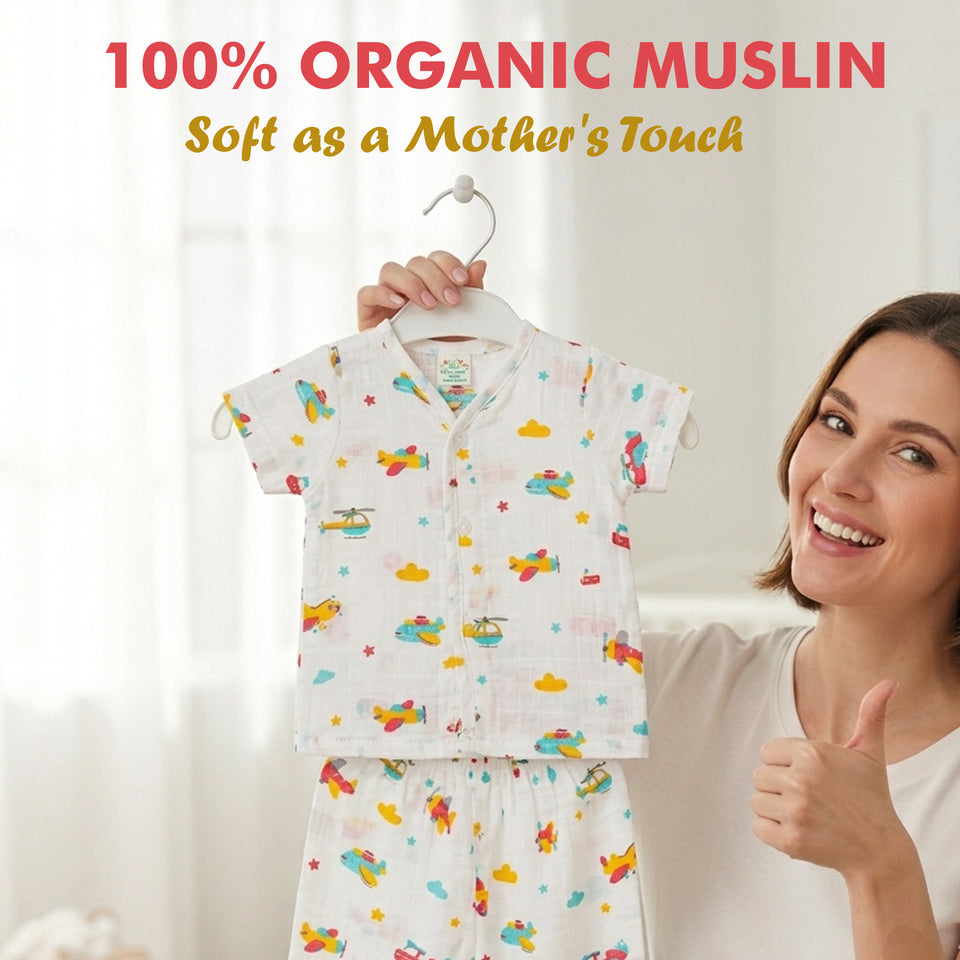 Fareto Baby Muslin Cotton Daily Wear Suit Set | Soft & Breathable Shirt + Pajama (Pack of 2) | 0-6 Months / Infant Boys & Girls(F615)