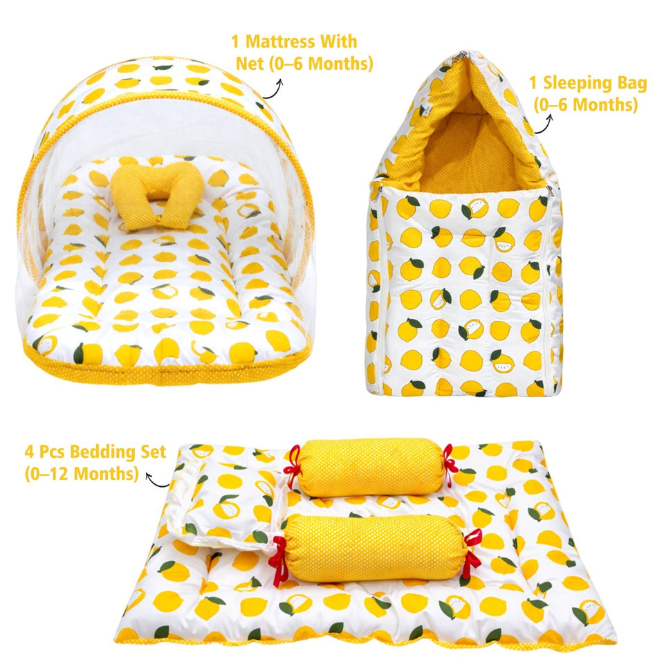 Fareto Combo of Baby Mattress with Net | Sleeping Bag | 4 Pcs Bedding Set(0-6 Months)(F160)